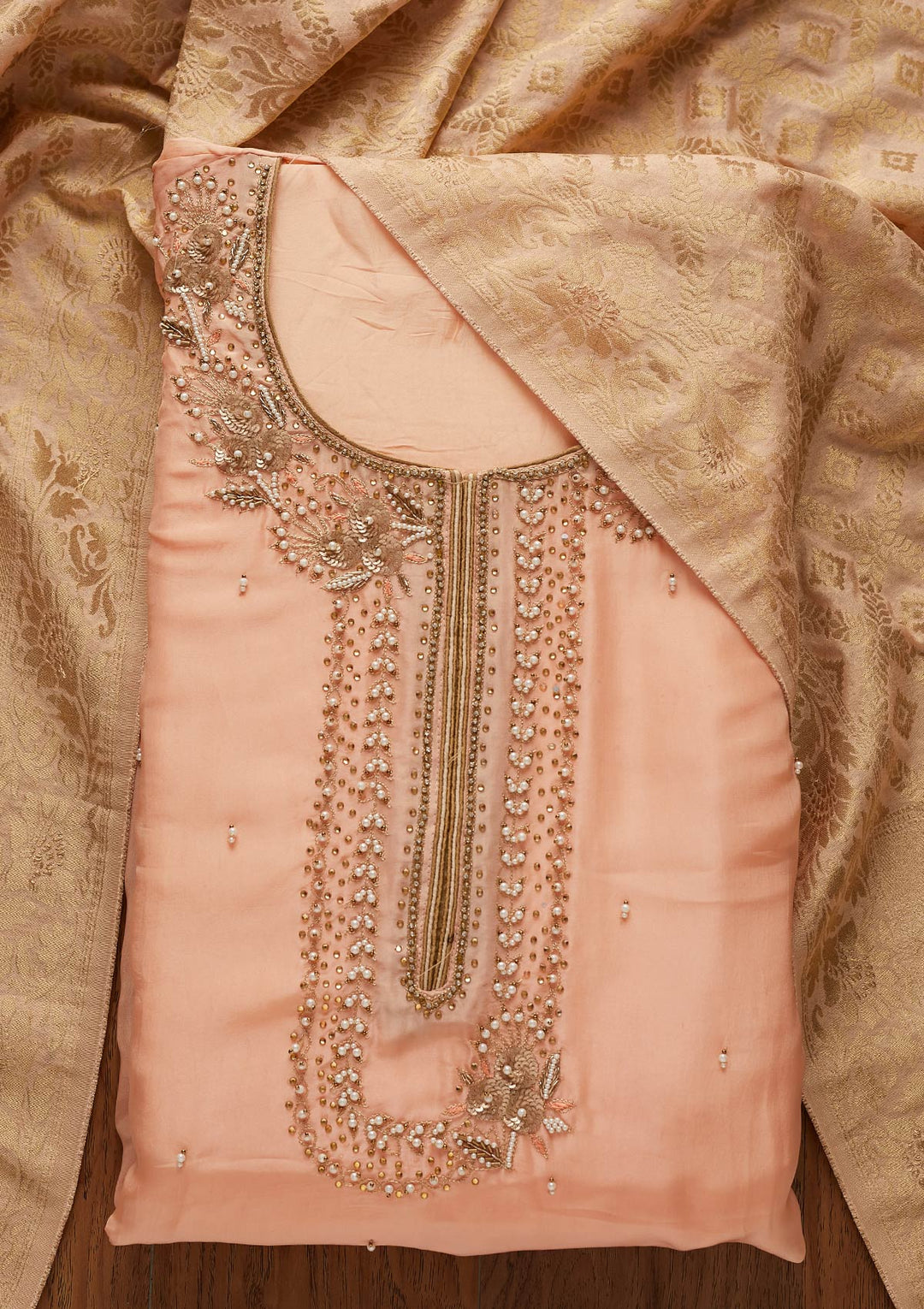 Peach Pearlwork Chanderi Designer Unstitched Salwar Suit - koskii