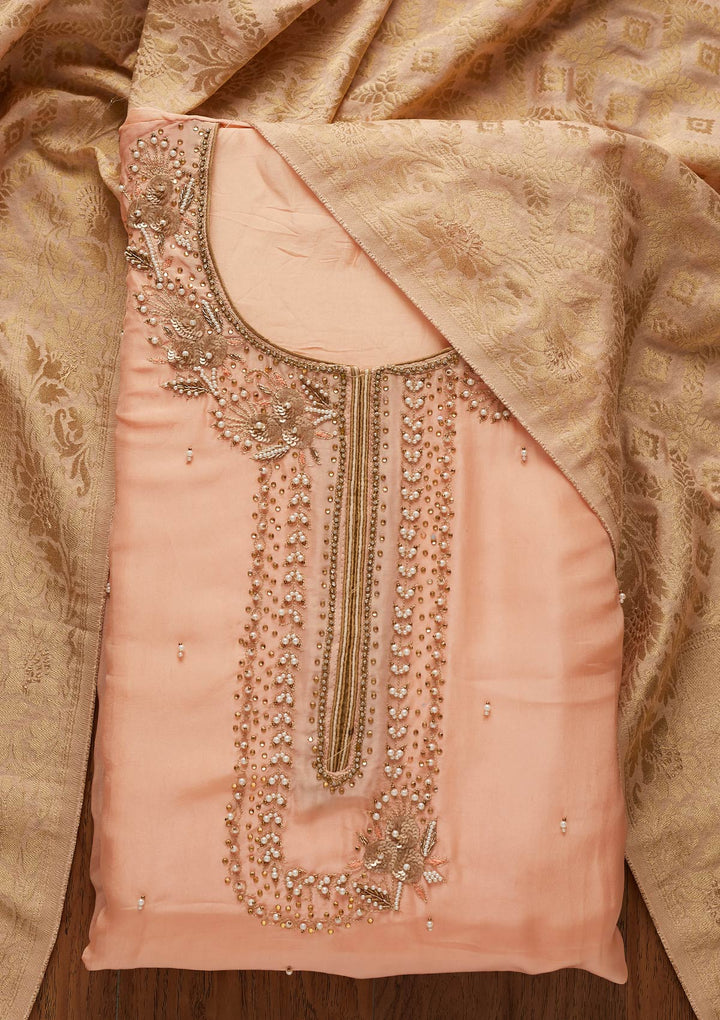 Peach Pearlwork Chanderi Designer Unstitched Salwar Suit - koskii