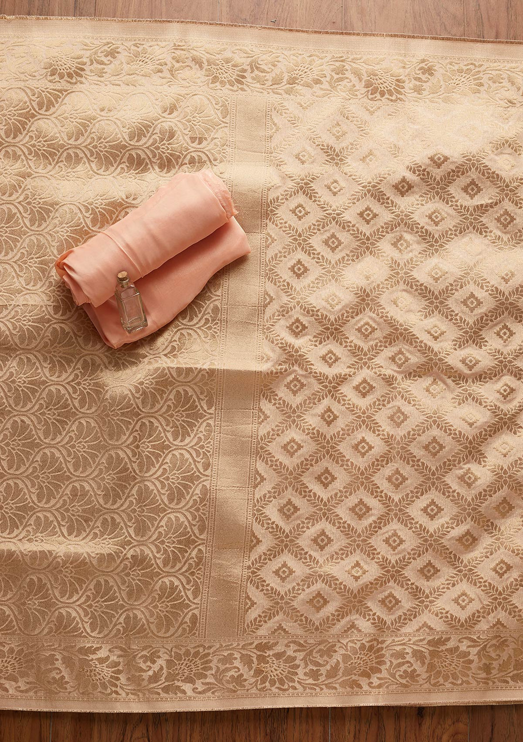 Peach Pearlwork Chanderi Designer Unstitched Salwar Suit - koskii