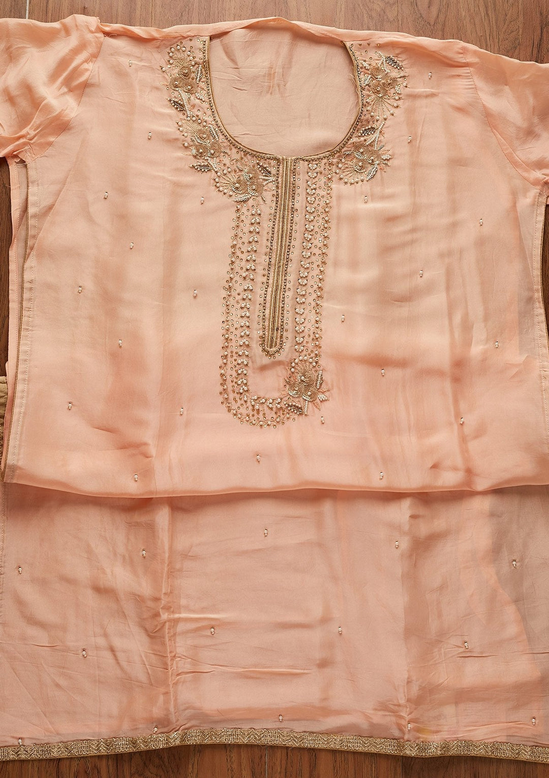 Peach Pearlwork Chanderi Designer Unstitched Salwar Suit - koskii