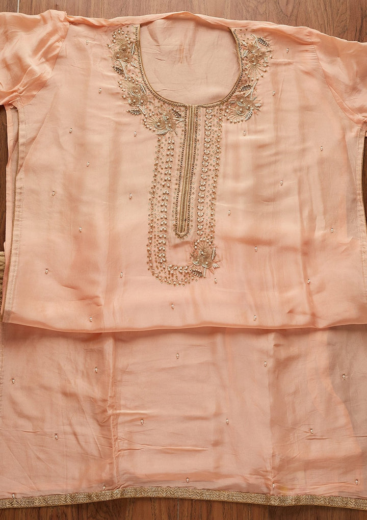 Peach Pearlwork Chanderi Designer Unstitched Salwar Suit - koskii