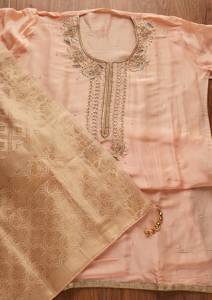 Peach Pearlwork Chanderi Designer Unstitched Salwar Suit - koskii