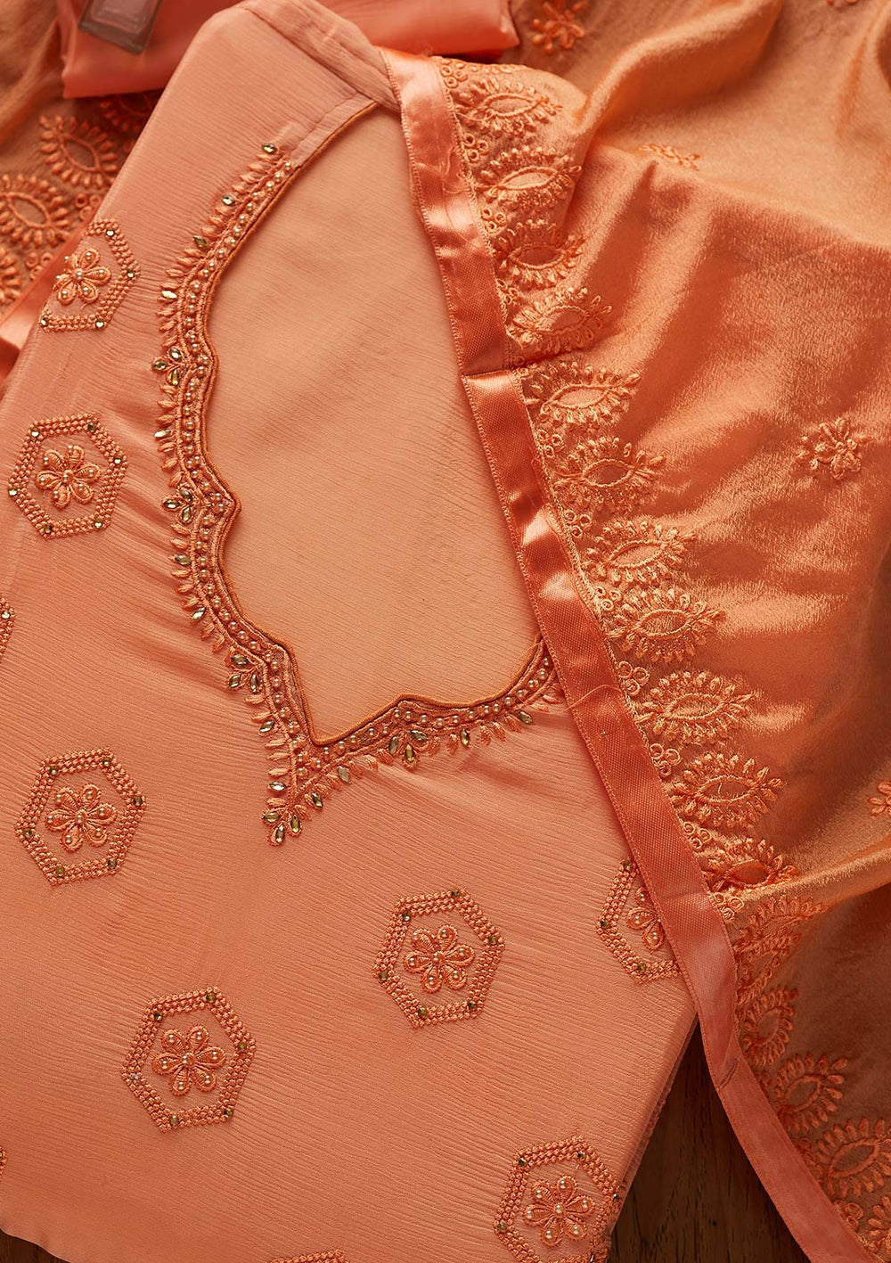 Peach Pearlwork Chiffon Designer Unstitched Salwar Suit - Koskii