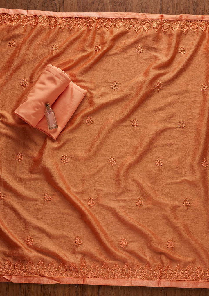 Peach Pearlwork Chiffon Designer Unstitched Salwar Suit - Koskii
