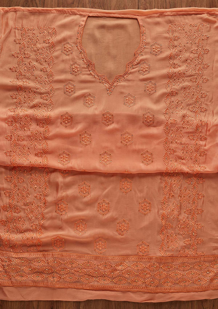 Peach Pearlwork Chiffon Designer Unstitched Salwar Suit - Koskii