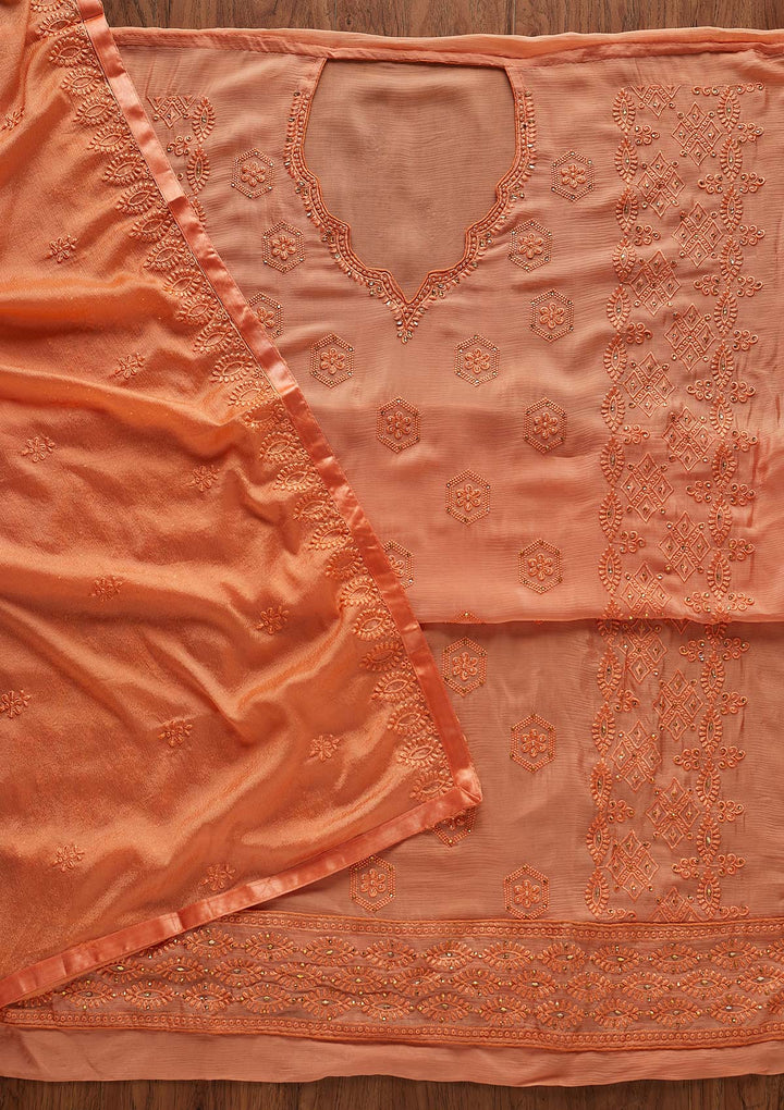 Peach Pearlwork Chiffon Designer Unstitched Salwar Suit - Koskii