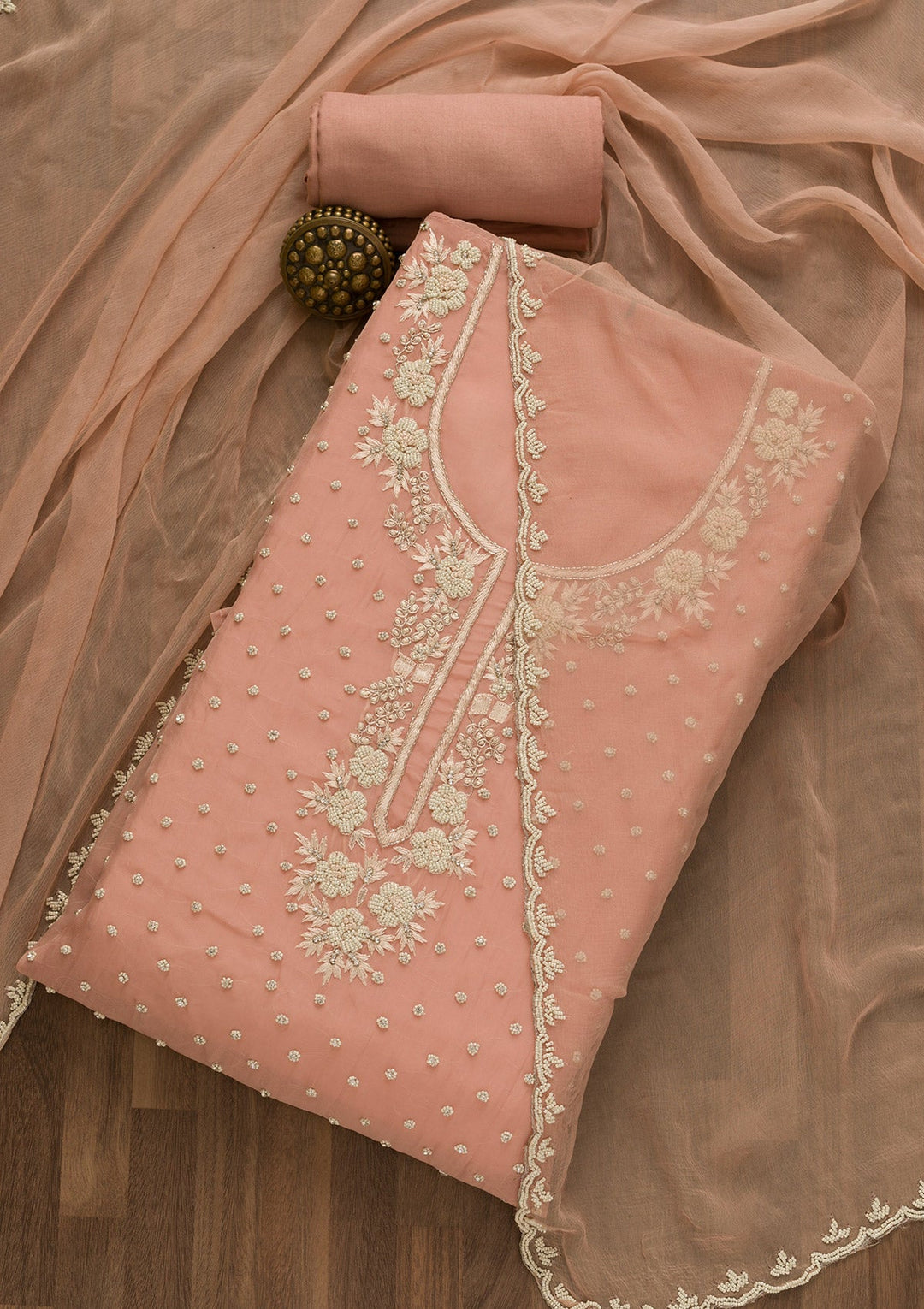 Peach Pearlwork Organza Unstitched Salwar Kameez-Koskii