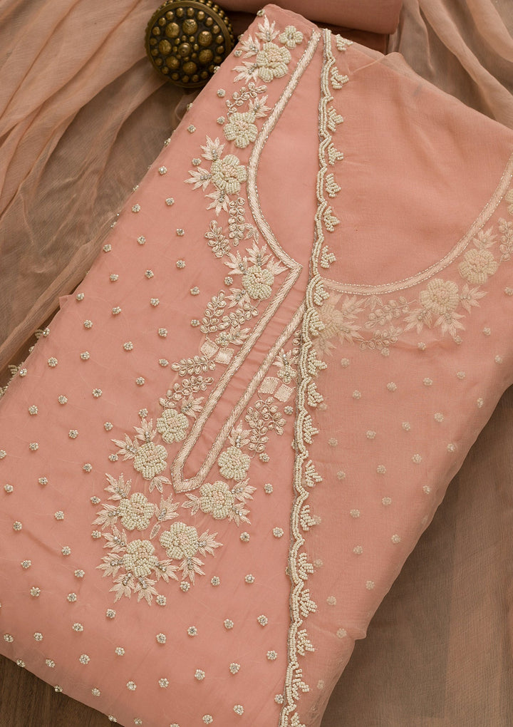 Peach Pearlwork Organza Unstitched Salwar Kameez-Koskii