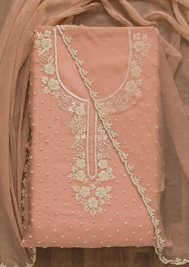 Peach Pearlwork Organza Unstitched Salwar Kameez-Koskii