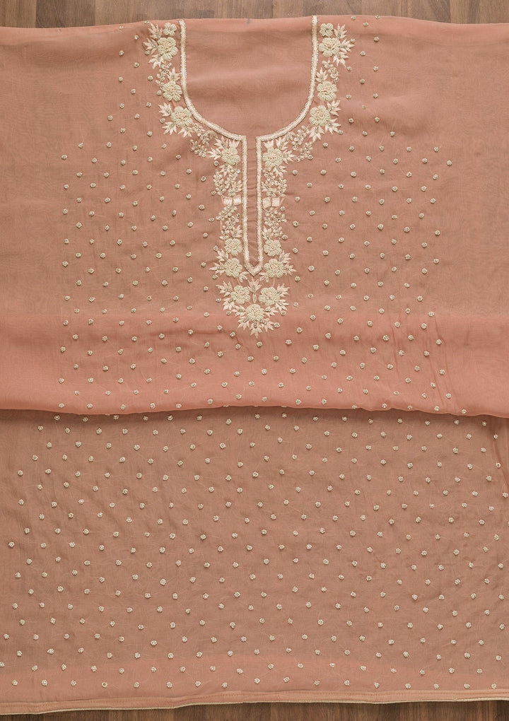 Peach Pearlwork Organza Unstitched Salwar Kameez-Koskii