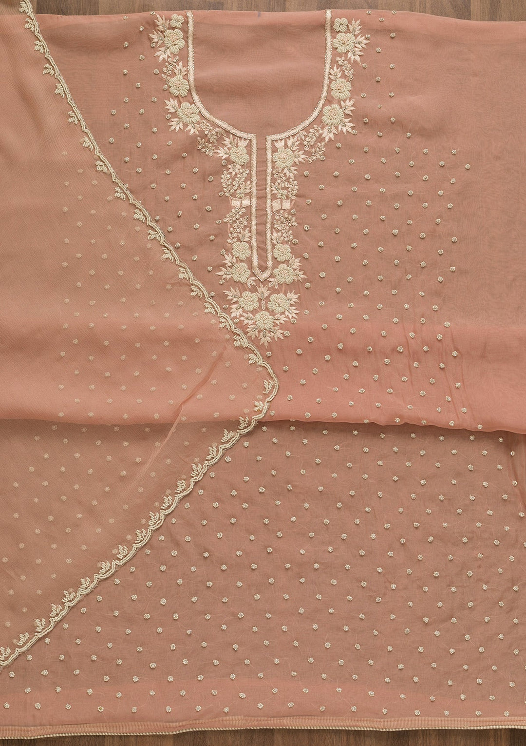 Peach Pearlwork Organza Unstitched Salwar Kameez-Koskii