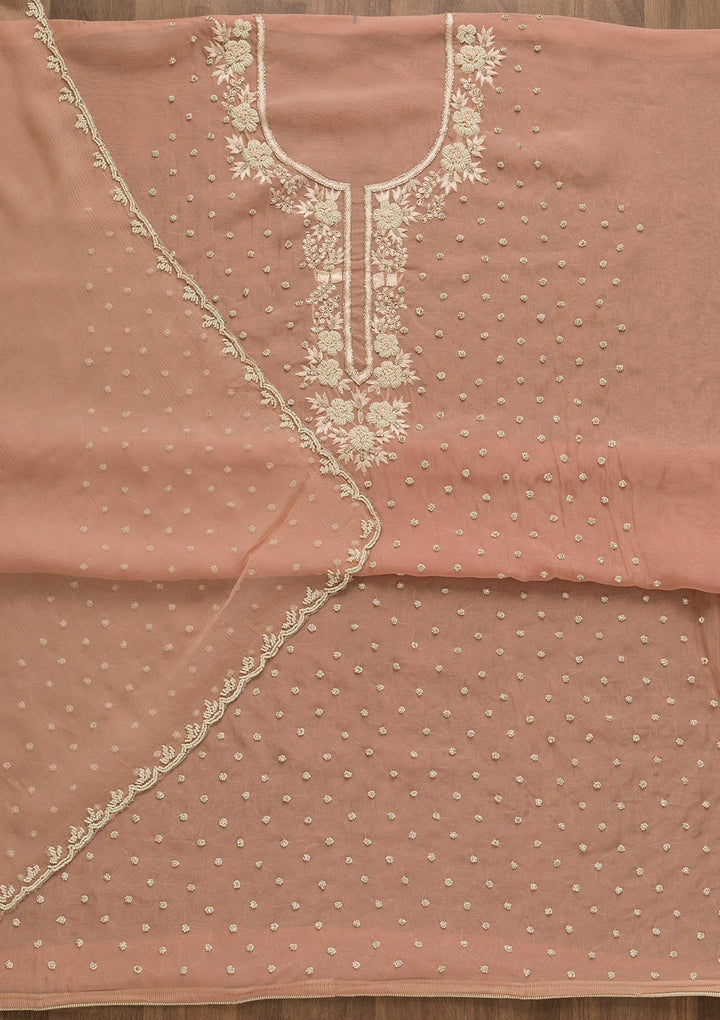 Peach Pearlwork Organza Unstitched Salwar Kameez-Koskii