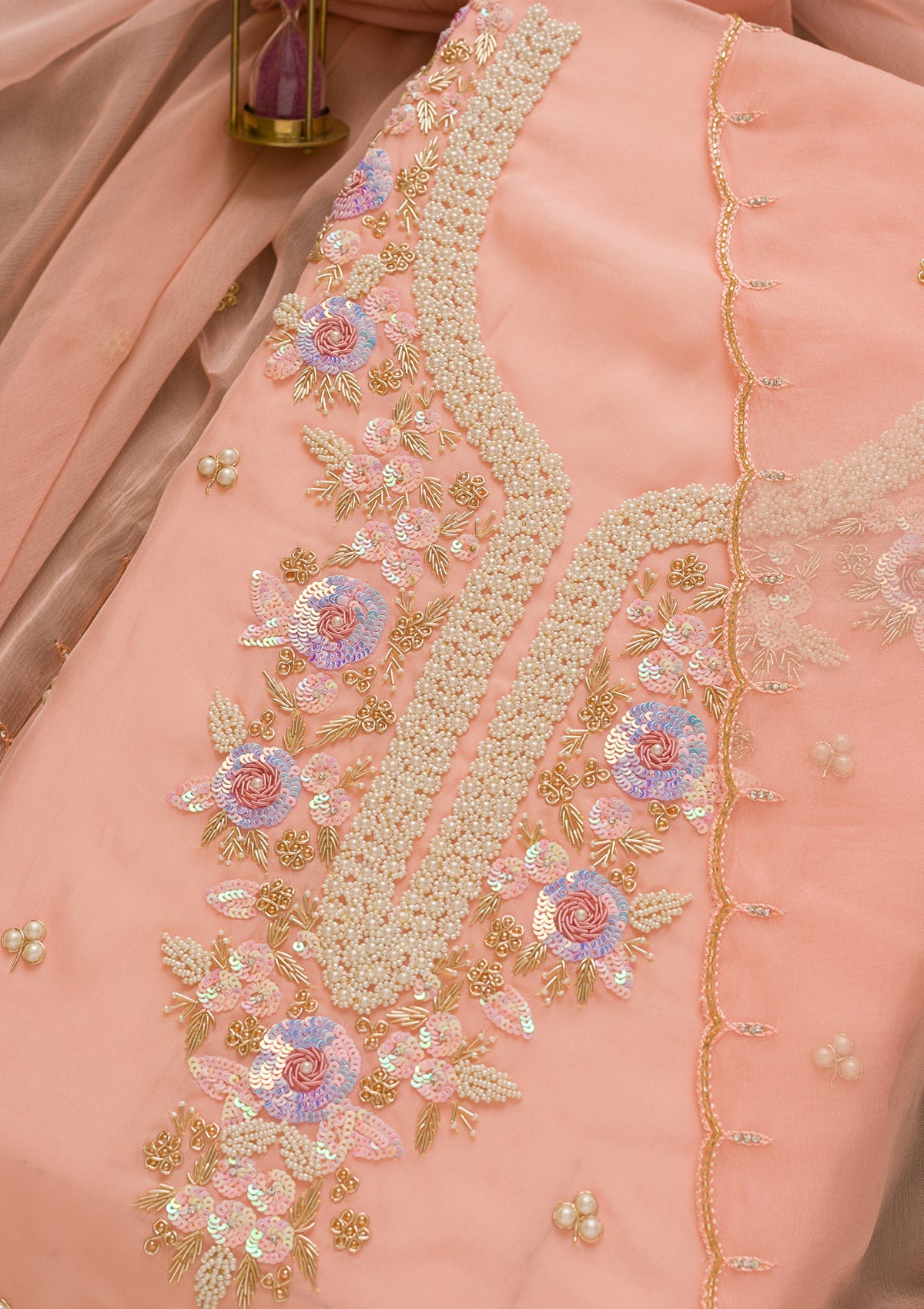 Peach Pearlwork Organza Unstitched Salwar Kameez-Koskii