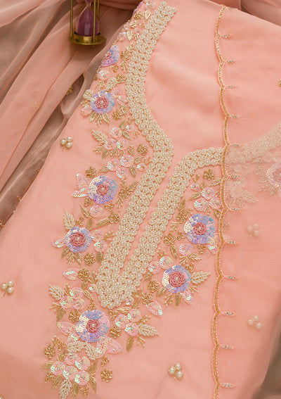 Peach Pearlwork Organza Unstitched Salwar Kameez-Koskii