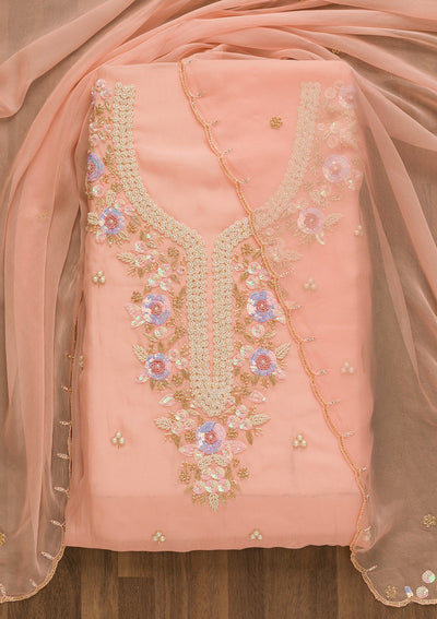 Peach Pearlwork Organza Unstitched Salwar Kameez-Koskii