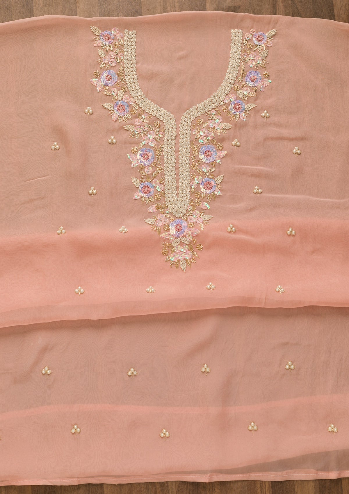 Peach Pearlwork Organza Unstitched Salwar Kameez-Koskii