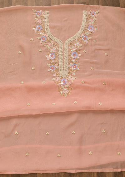 Peach Pearlwork Organza Unstitched Salwar Kameez-Koskii