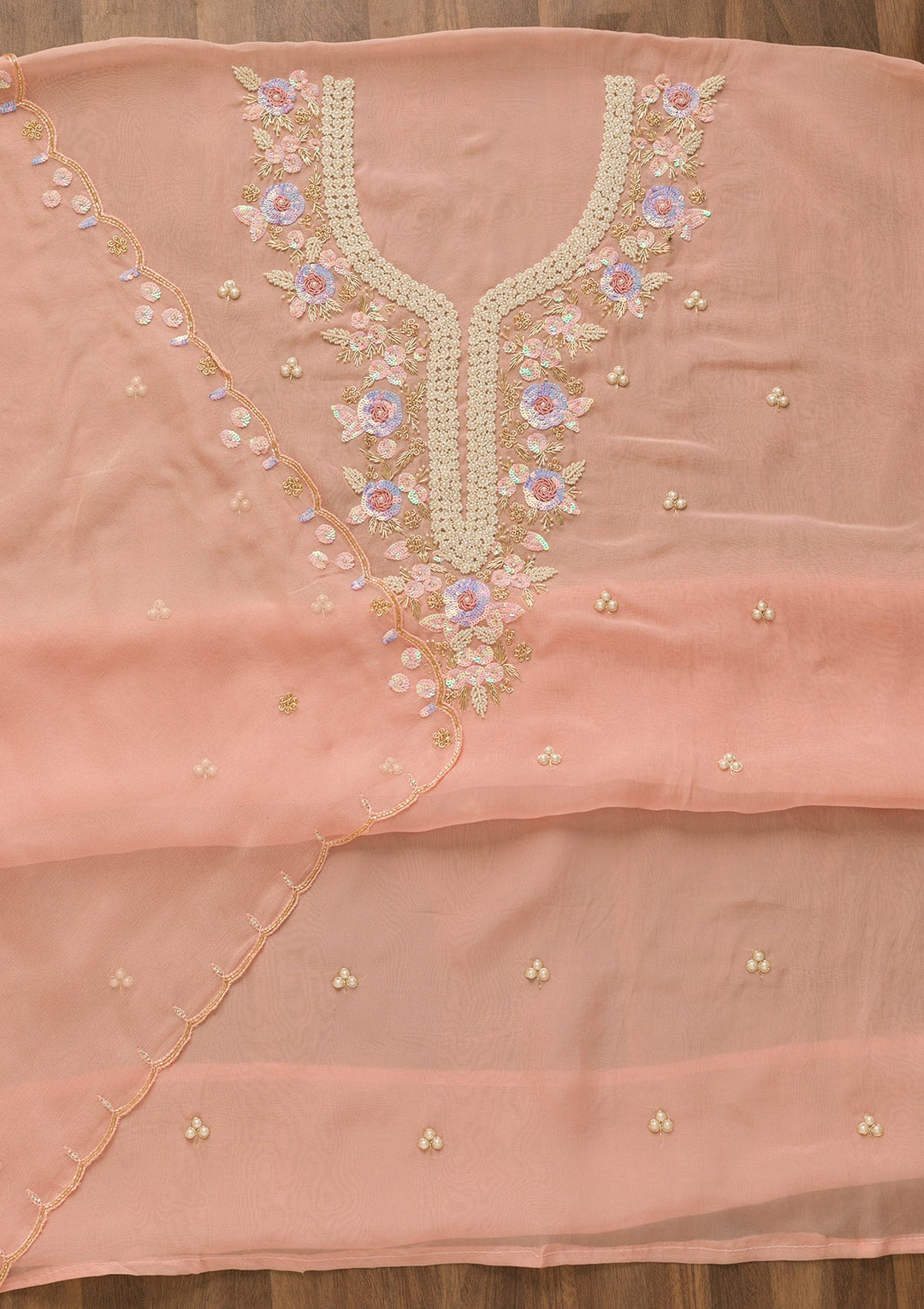 Peach Pearlwork Organza Unstitched Salwar Kameez-Koskii