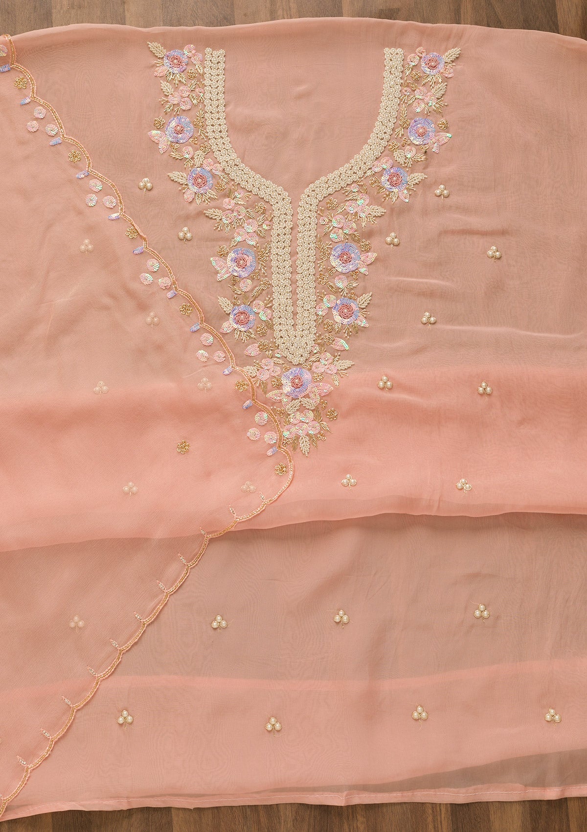 Peach Pearlwork Organza Unstitched Salwar Kameez-Koskii