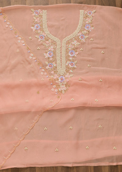 Peach Pearlwork Organza Unstitched Salwar Kameez-Koskii