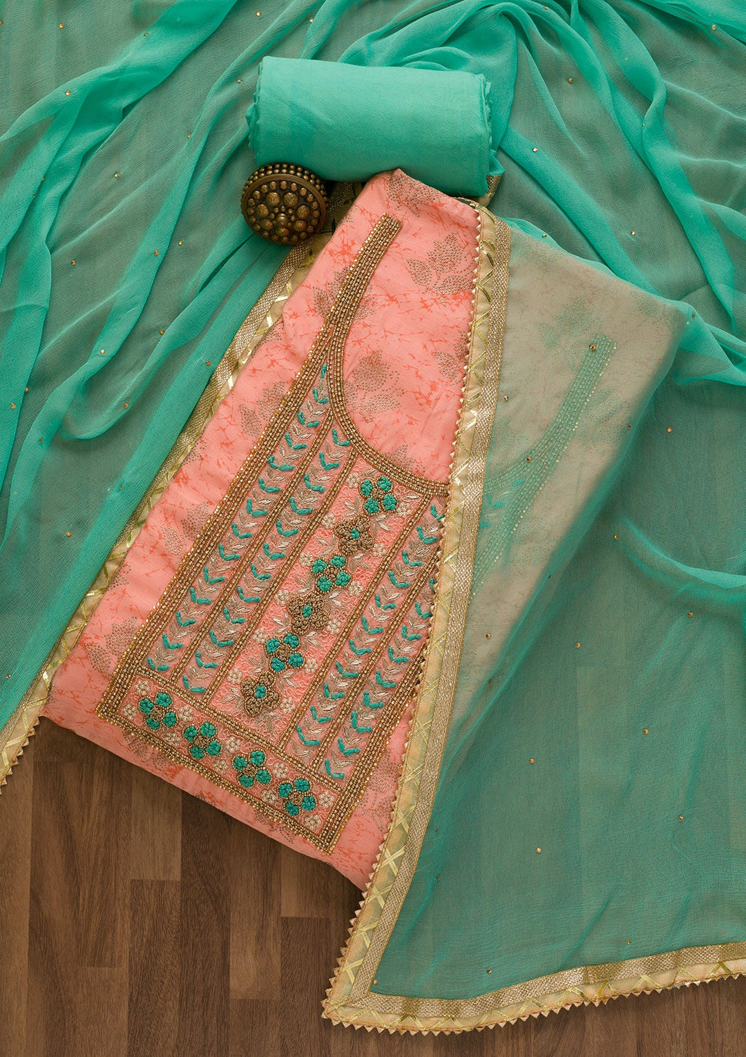 Peach Pearlwork Poly Chanderi Unstitched Salwar Kameez-Koskii