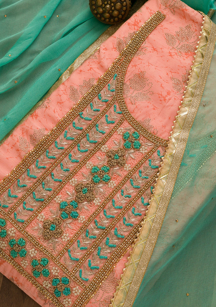 Peach Pearlwork Poly Chanderi Unstitched Salwar Kameez-Koskii