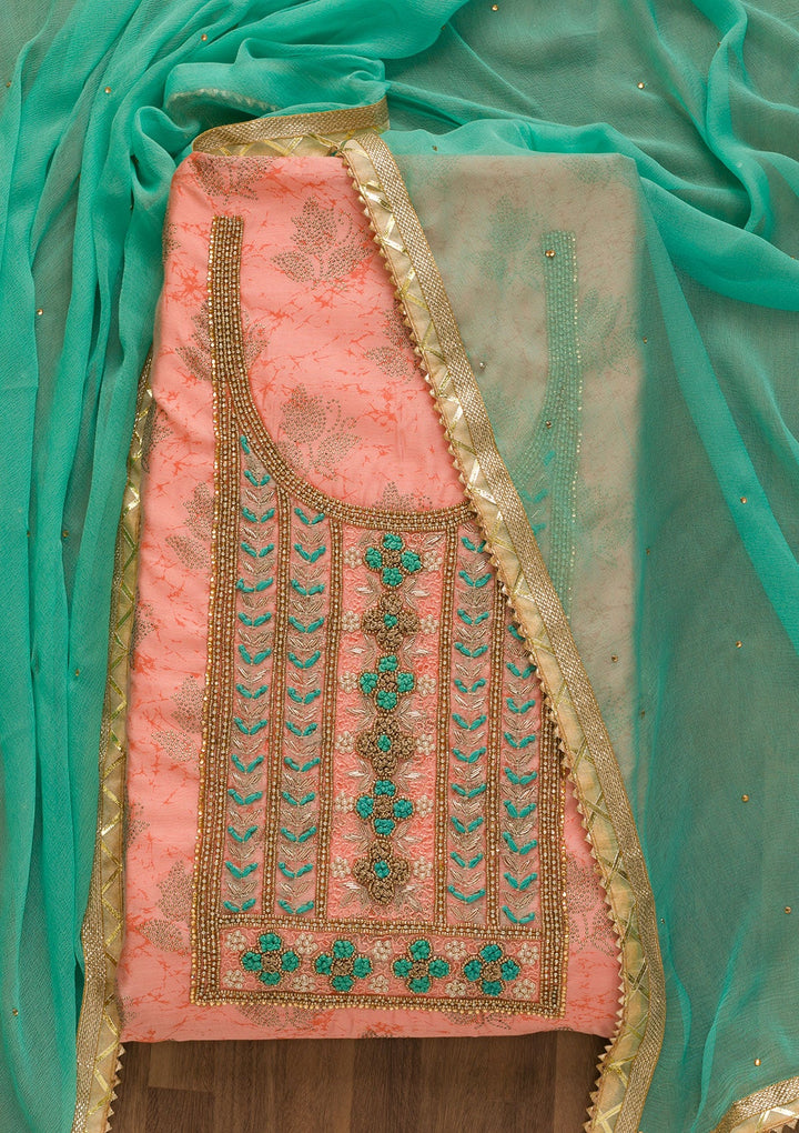 Peach Pearlwork Poly Chanderi Unstitched Salwar Kameez-Koskii