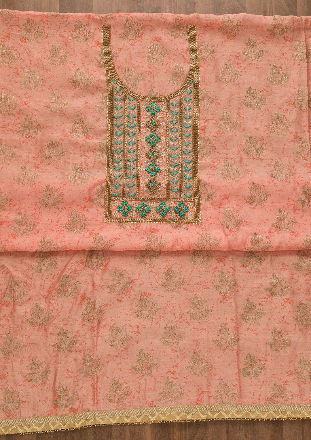 Peach Pearlwork Poly Chanderi Unstitched Salwar Kameez-Koskii