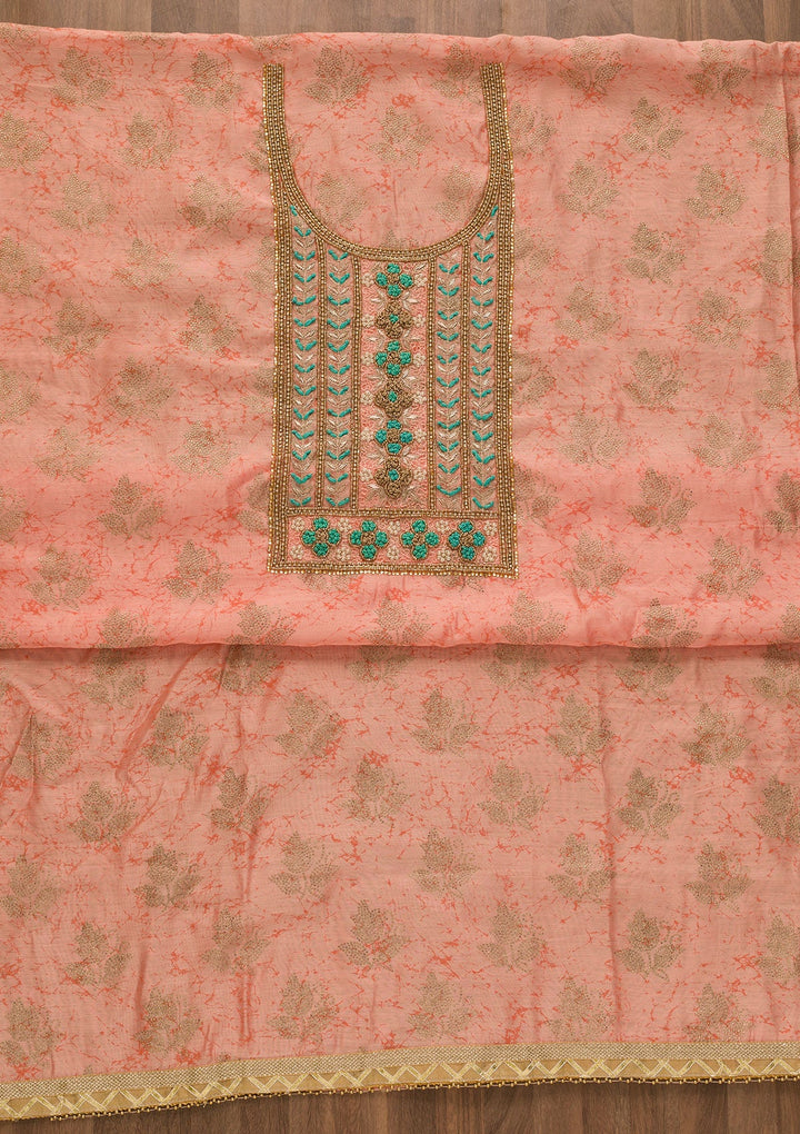 Peach Pearlwork Poly Chanderi Unstitched Salwar Kameez-Koskii