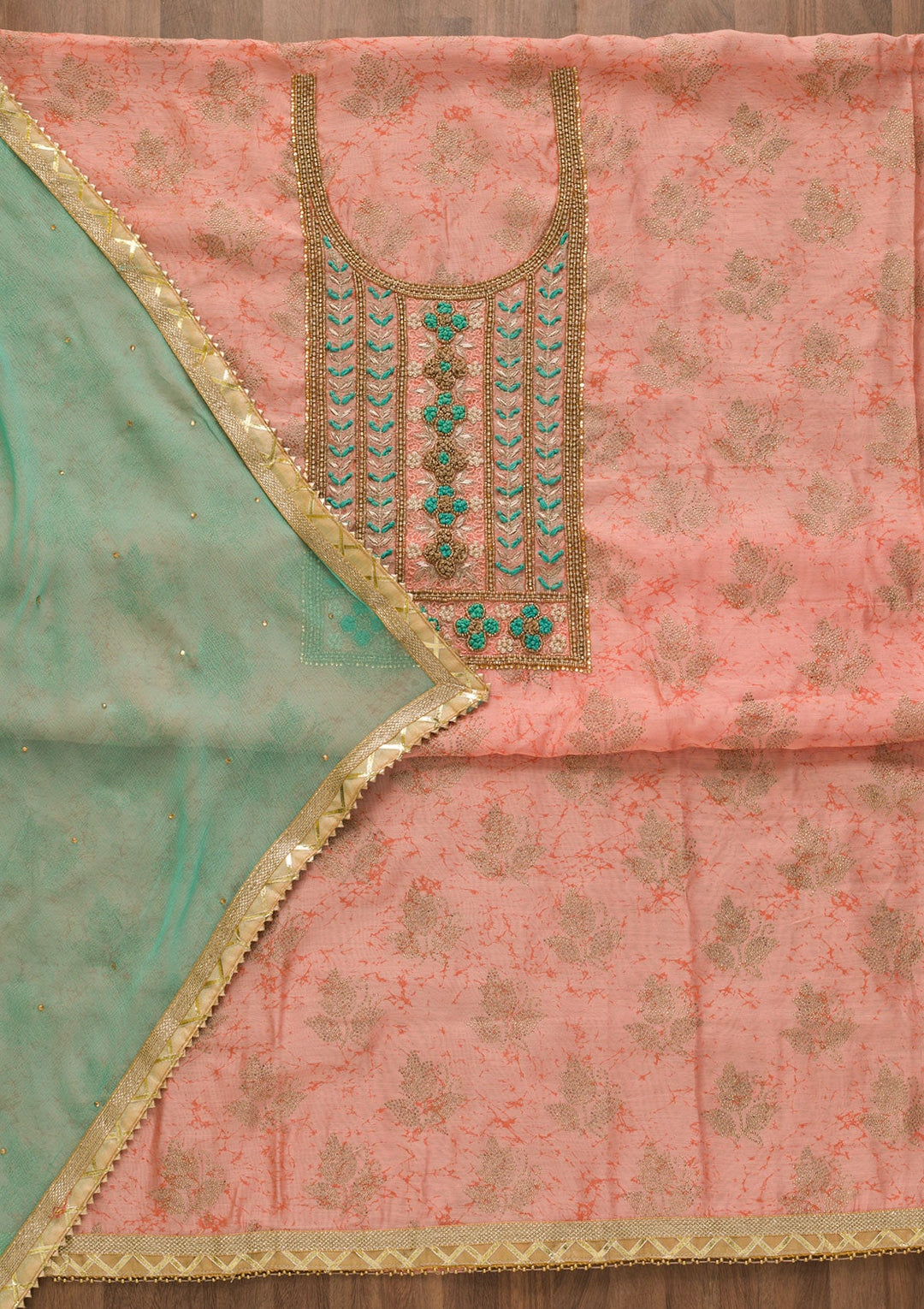 Peach Pearlwork Poly Chanderi Unstitched Salwar Kameez-Koskii
