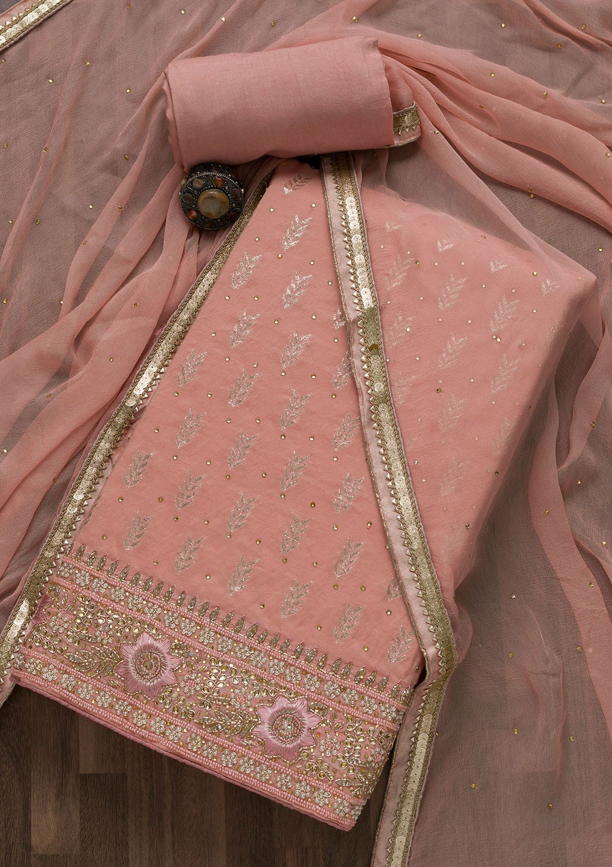 Peach Pearlwork Raw Silk Unstitched Salwar Suit-Koskii