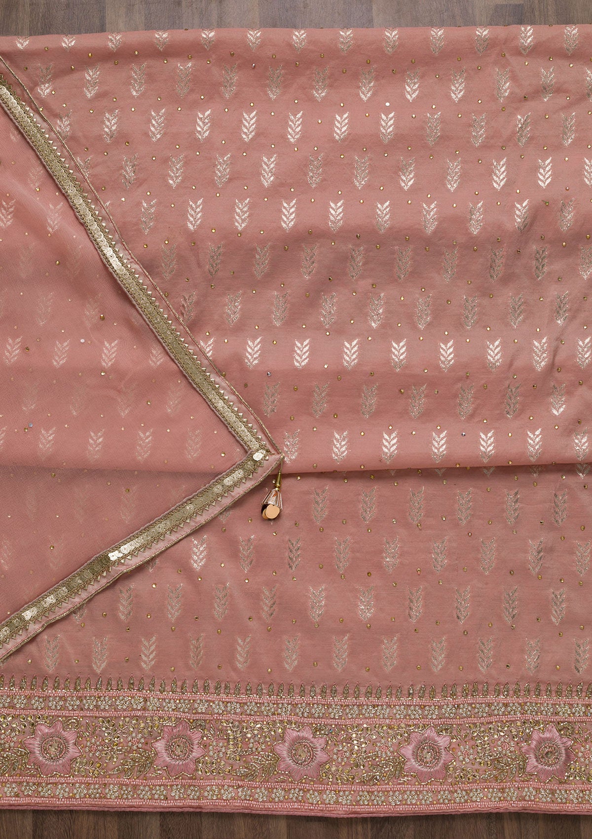 Peach Pearlwork Raw Silk Unstitched Salwar Suit-Koskii