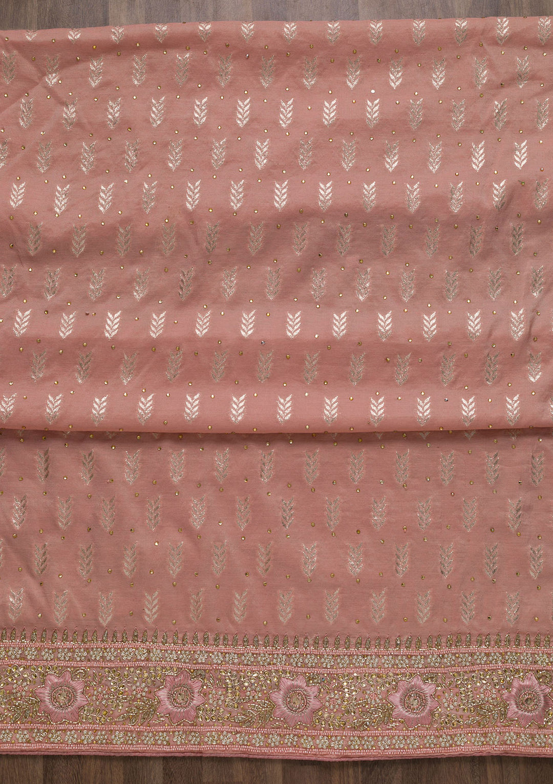 Peach Pearlwork Raw Silk Unstitched Salwar Suit-Koskii