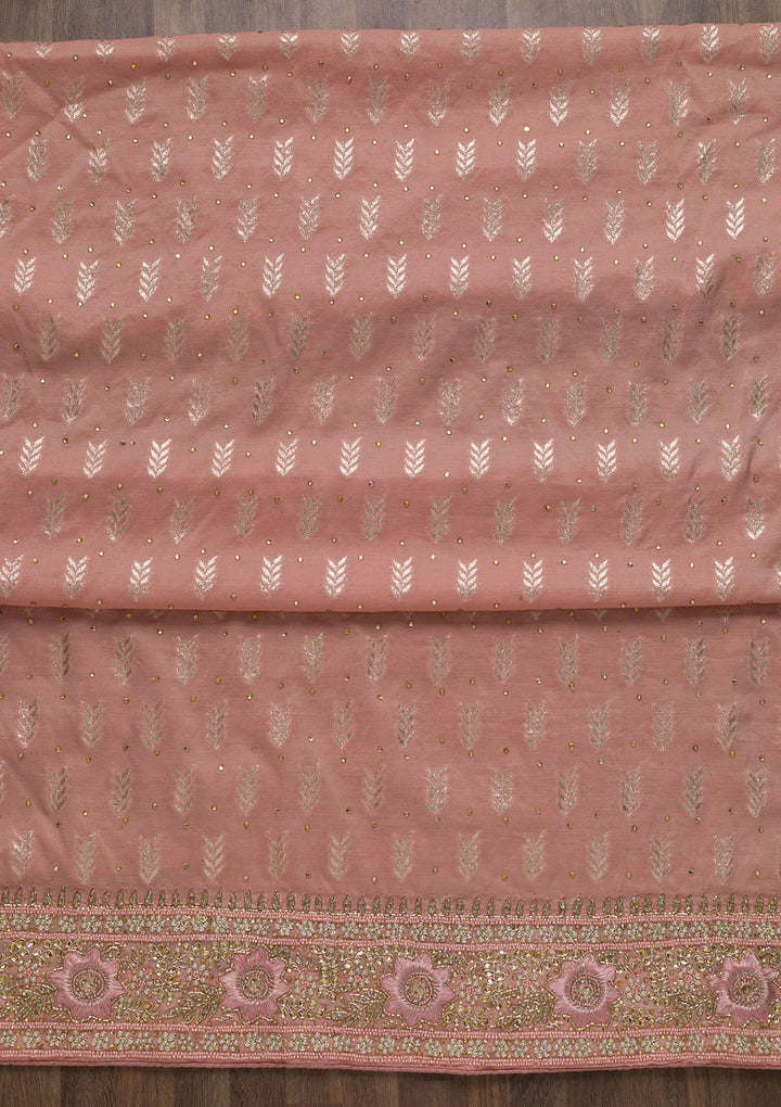Peach Pearlwork Raw Silk Unstitched Salwar Suit-Koskii