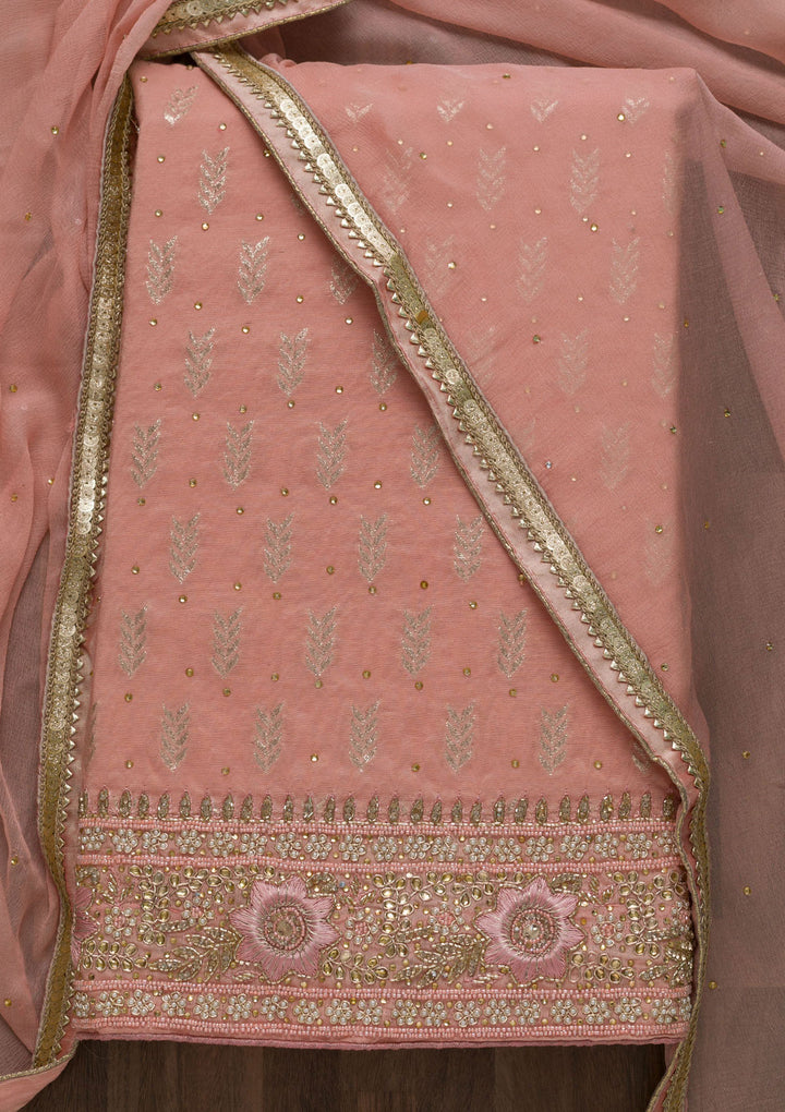Peach Pearlwork Raw Silk Unstitched Salwar Suit-Koskii