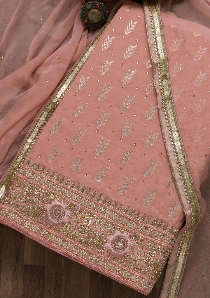 Peach Pearlwork Raw Silk Unstitched Salwar Suit-Koskii