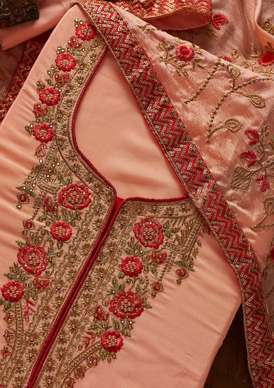 Peach Pearlwork Semi Crepe Designer Unstitched Salwar Suit - koskii