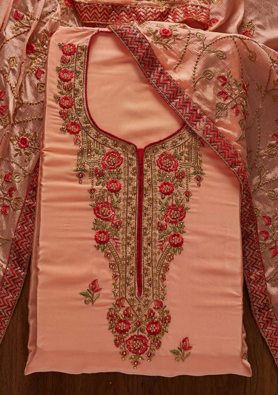 Peach Pearlwork Semi Crepe Designer Unstitched Salwar Suit - koskii