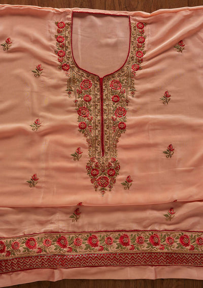 Peach Pearlwork Semi Crepe Designer Unstitched Salwar Suit - koskii