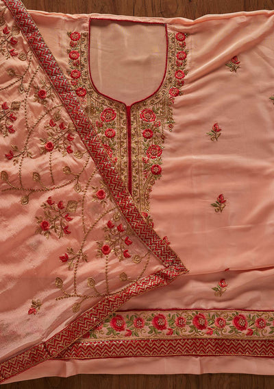 Peach Pearlwork Semi Crepe Designer Unstitched Salwar Suit - koskii