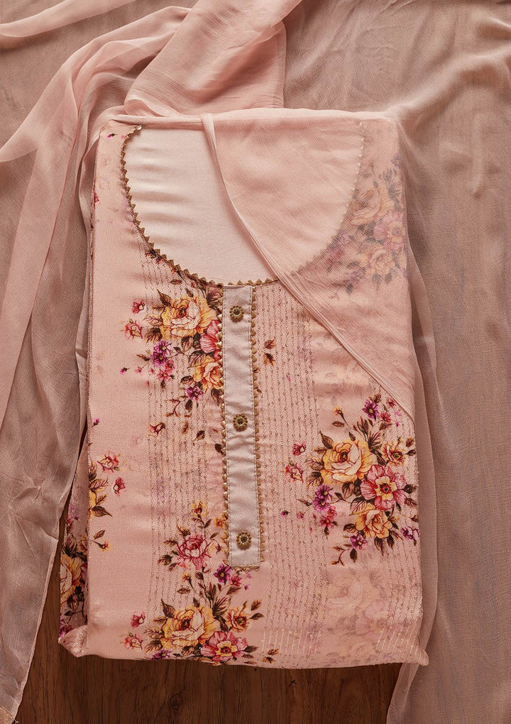 Peach Print Semi Crepe Designer Unstitched Salwar Suit - koskii