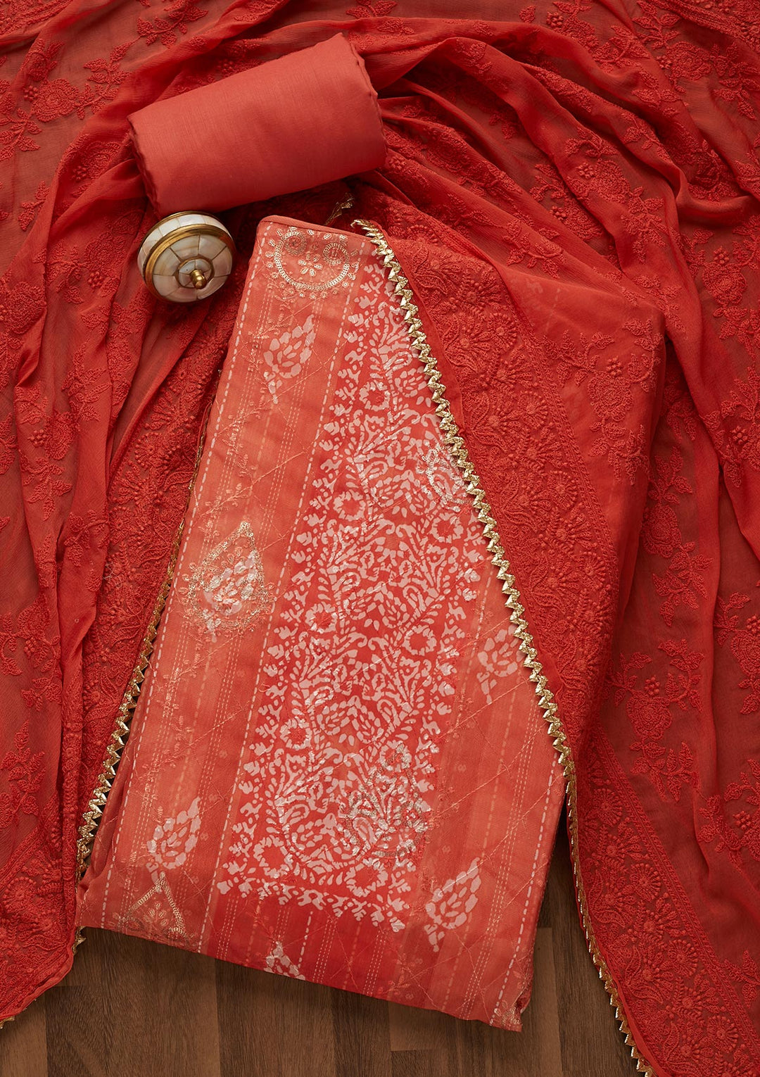 Peach Printed Chanderi Unstitched Salwar Suit-Koskii