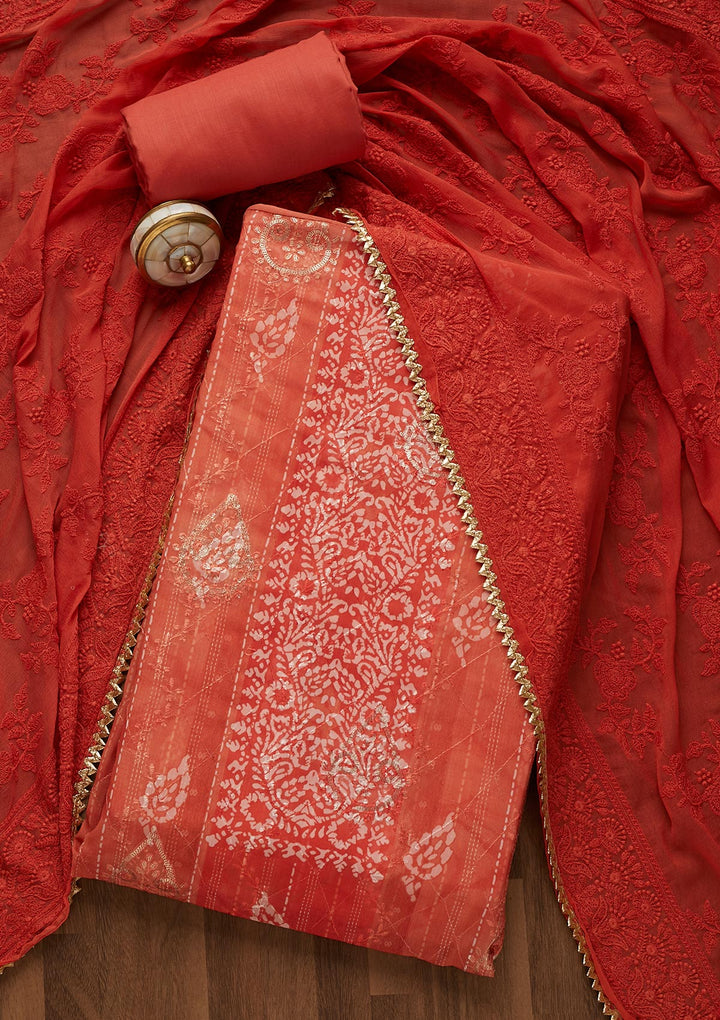 Peach Printed Chanderi Unstitched Salwar Suit-Koskii