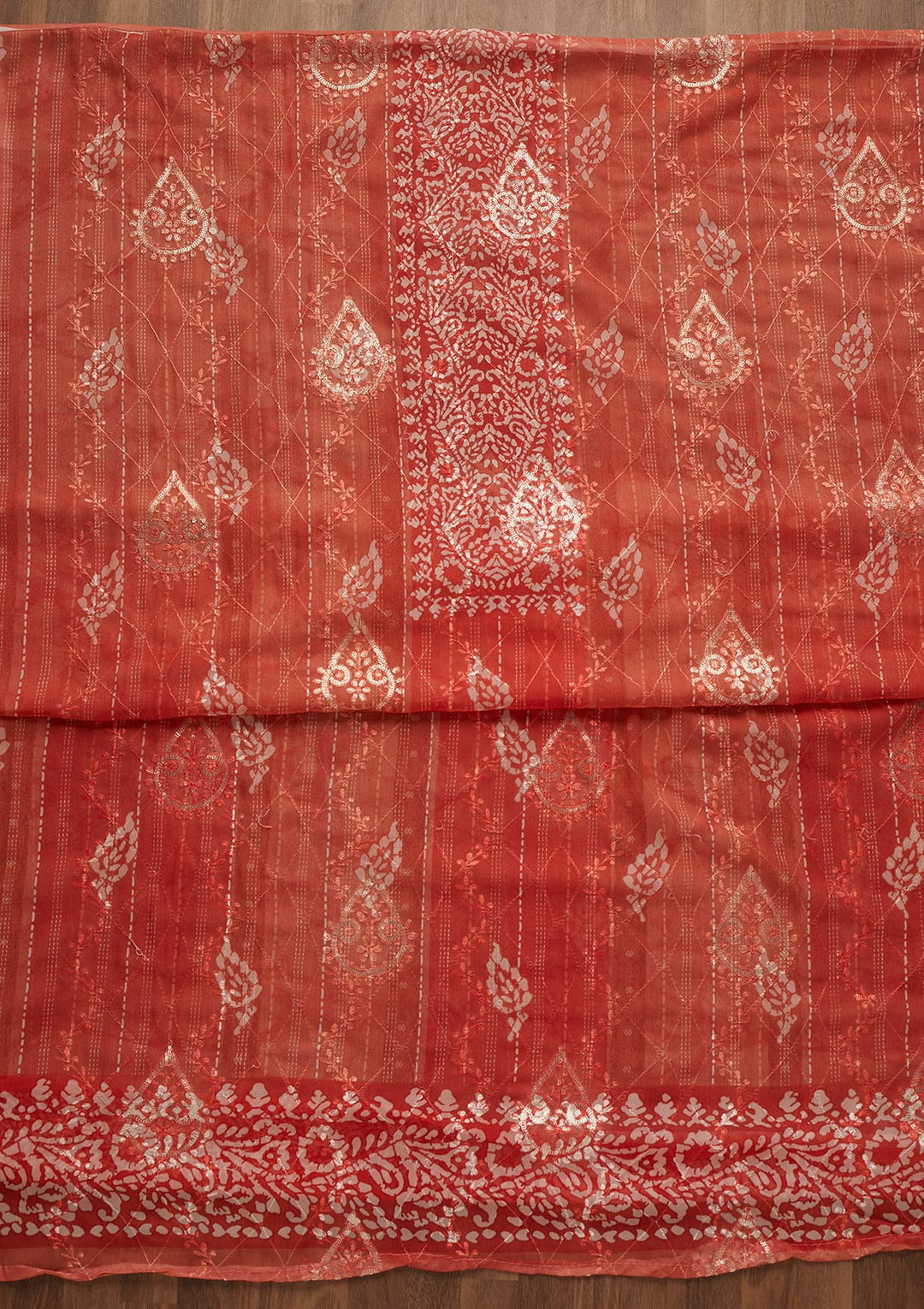 Peach Printed Chanderi Unstitched Salwar Suit-Koskii