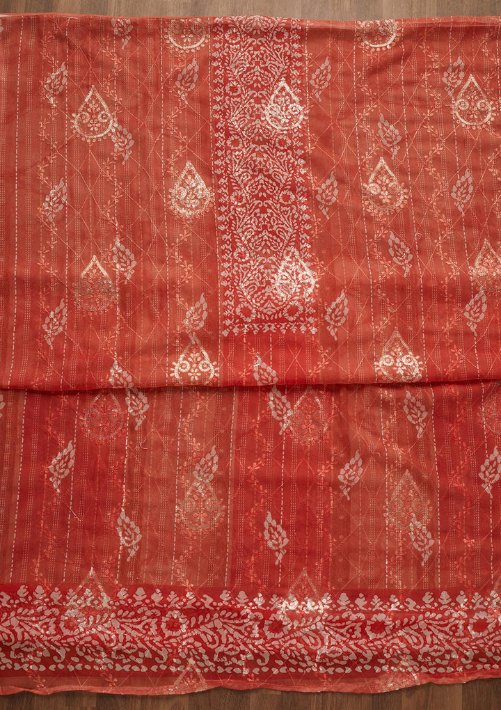 Peach Printed Chanderi Unstitched Salwar Suit-Koskii