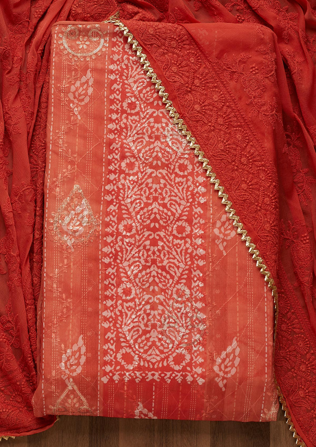 Peach Printed Chanderi Unstitched Salwar Suit-Koskii