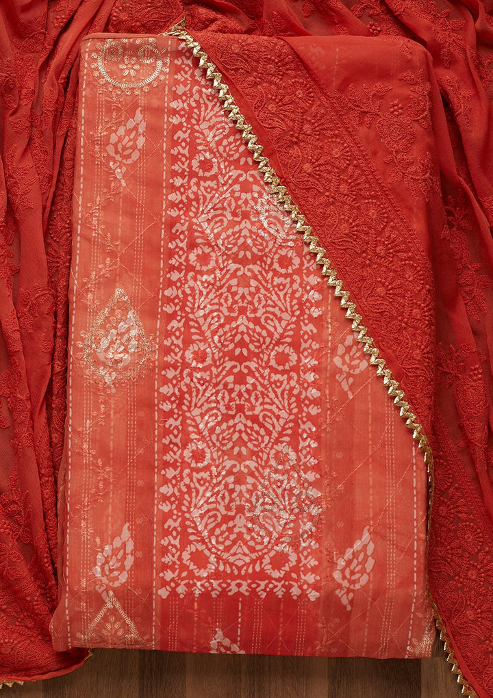 Peach Printed Chanderi Unstitched Salwar Suit-Koskii