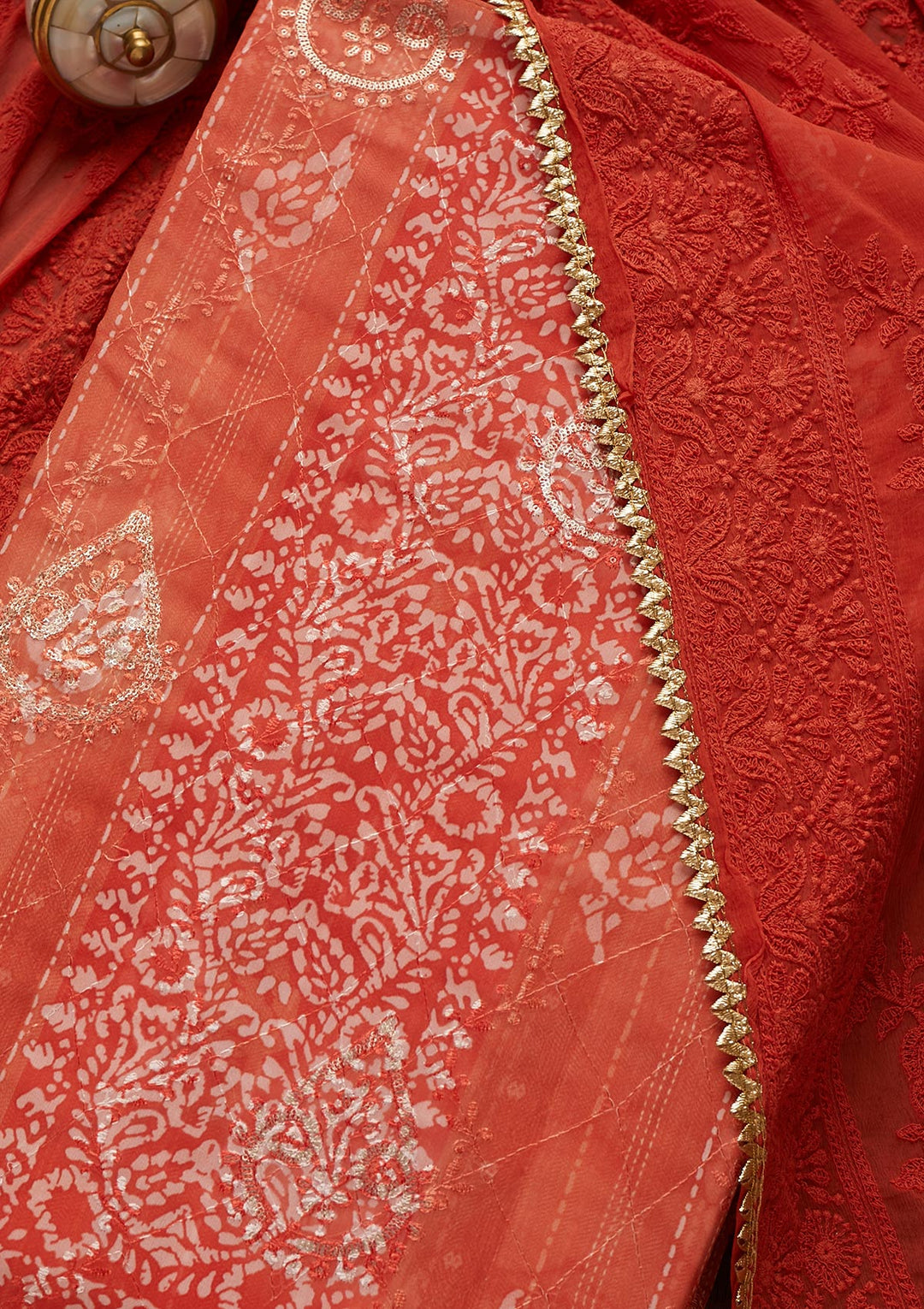 Peach Printed Chanderi Unstitched Salwar Suit-Koskii