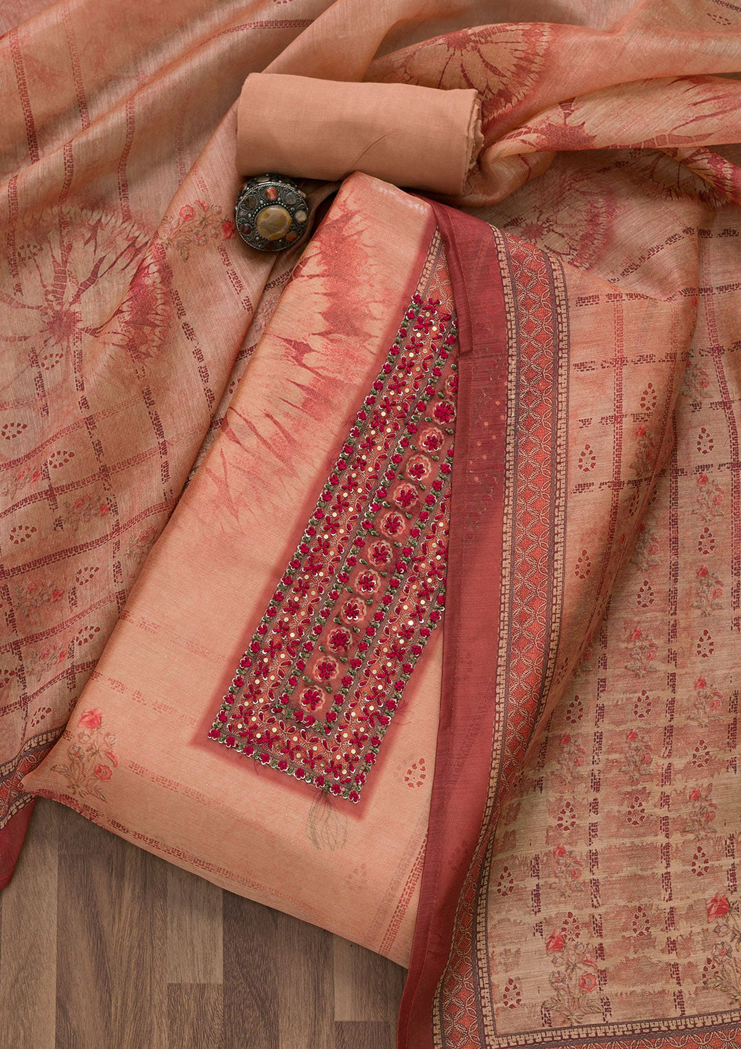 Peach Printed Chanderi Unstitched Salwar Suit-Koskii