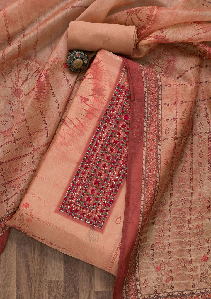 Peach Printed Chanderi Unstitched Salwar Suit-Koskii